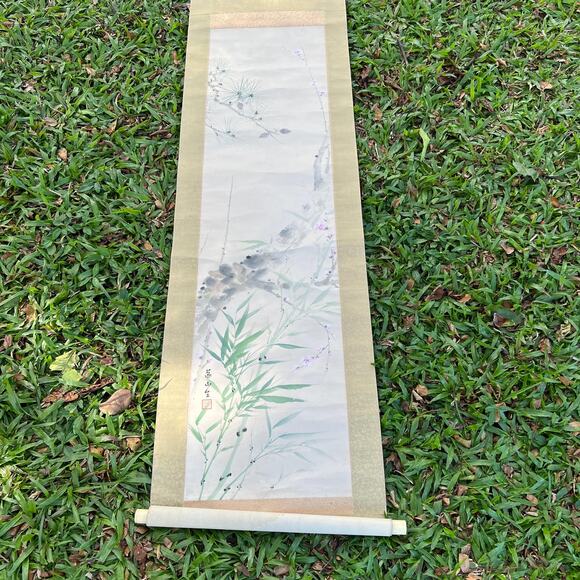 Antique Hanging Scroll Cherry Blossoms Flower Bamboo Leaves Painting Japan - Picture 1 of 11